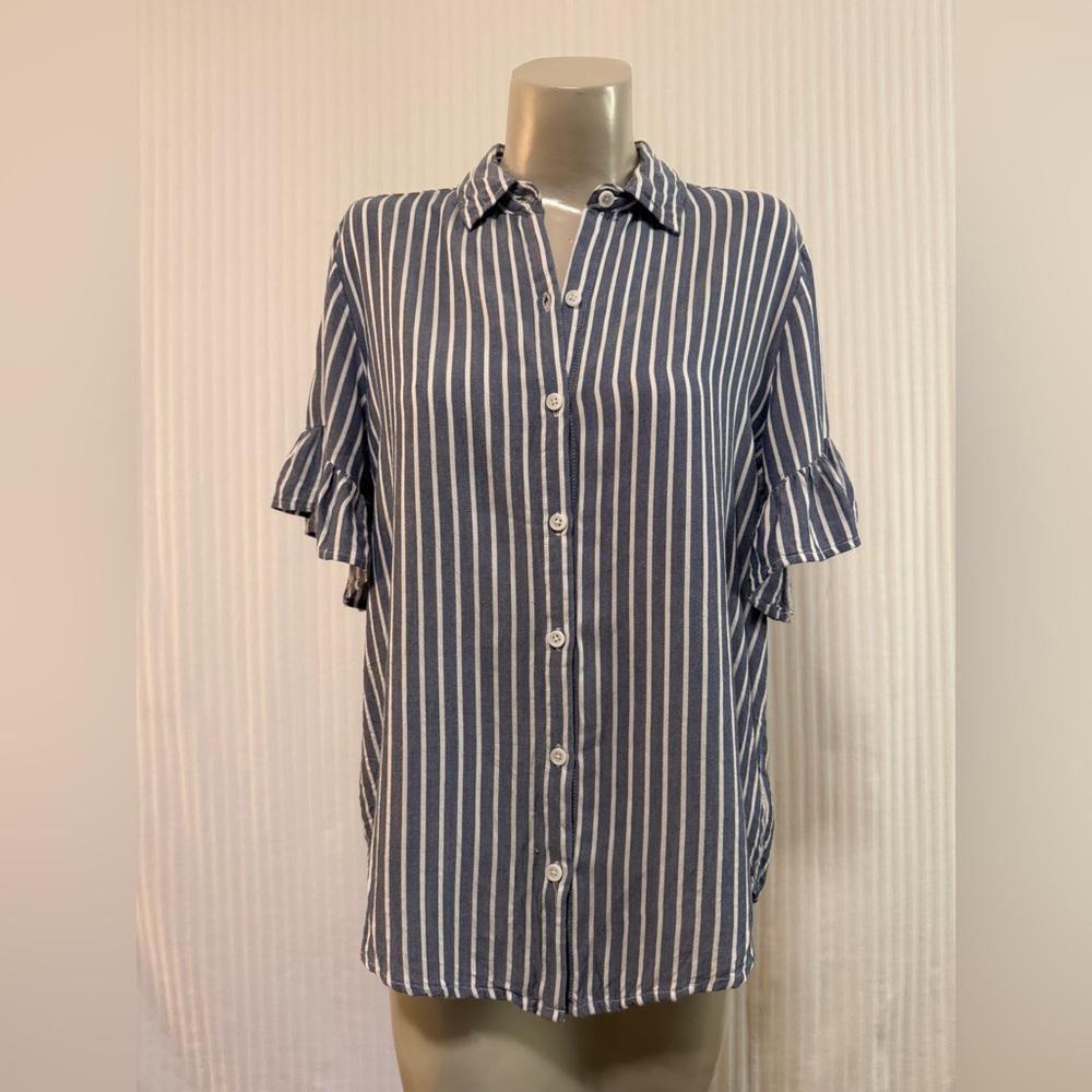 Beach lunch lounge Navy and White Striped Shirt with ruffled sleeves